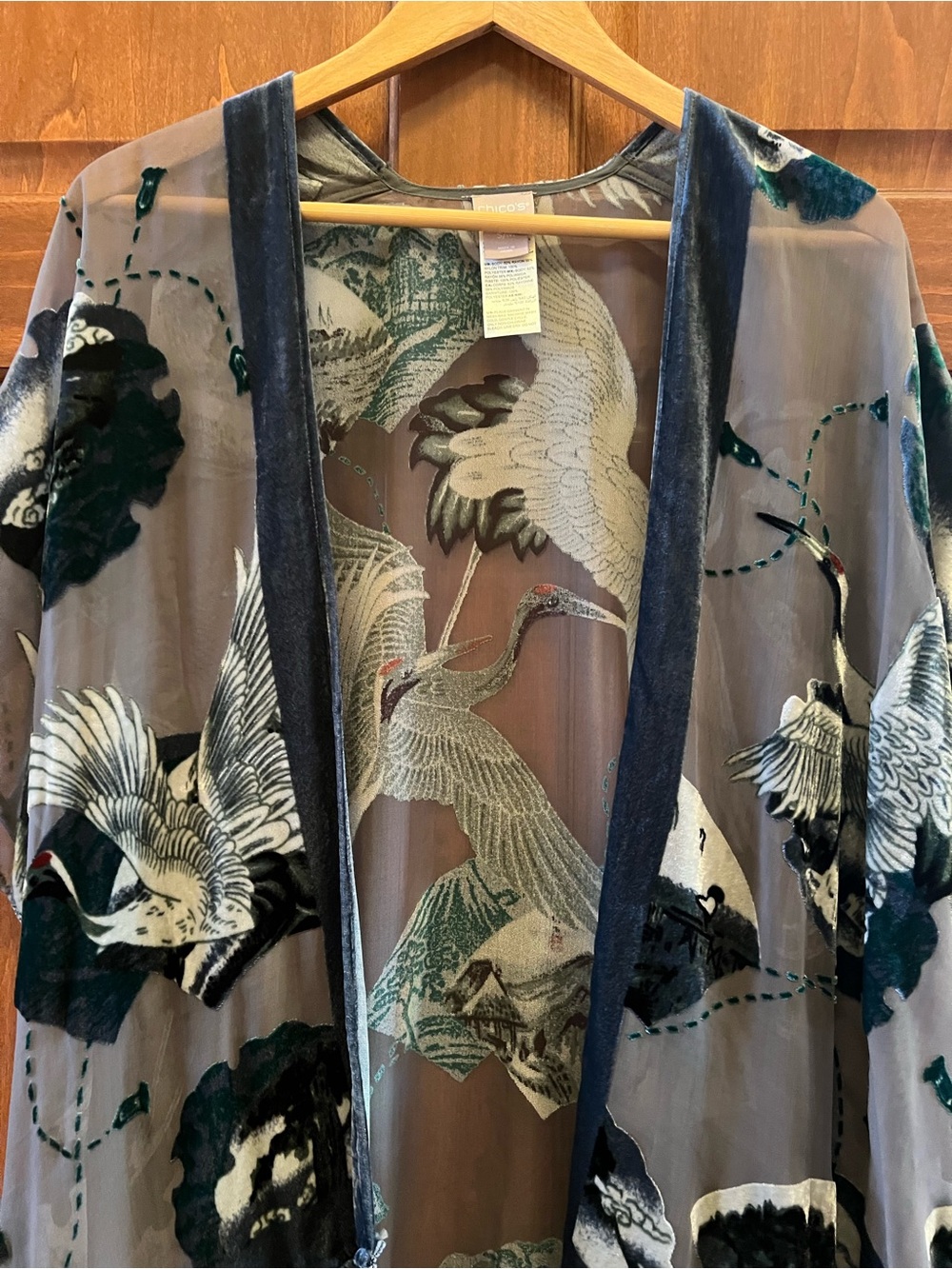 Chico's Kimono Burnout Velvet Open Front with Fringe Green Grey Size S/M - Picture 4 of 17